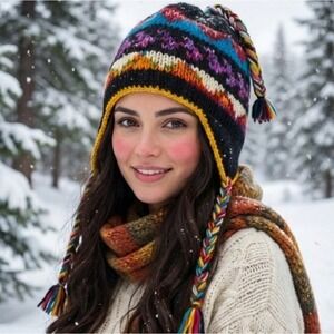 Colorful Knit Wool Chullo Peruvian Beanie Earflap Hat Made in Nepal Braided Ties